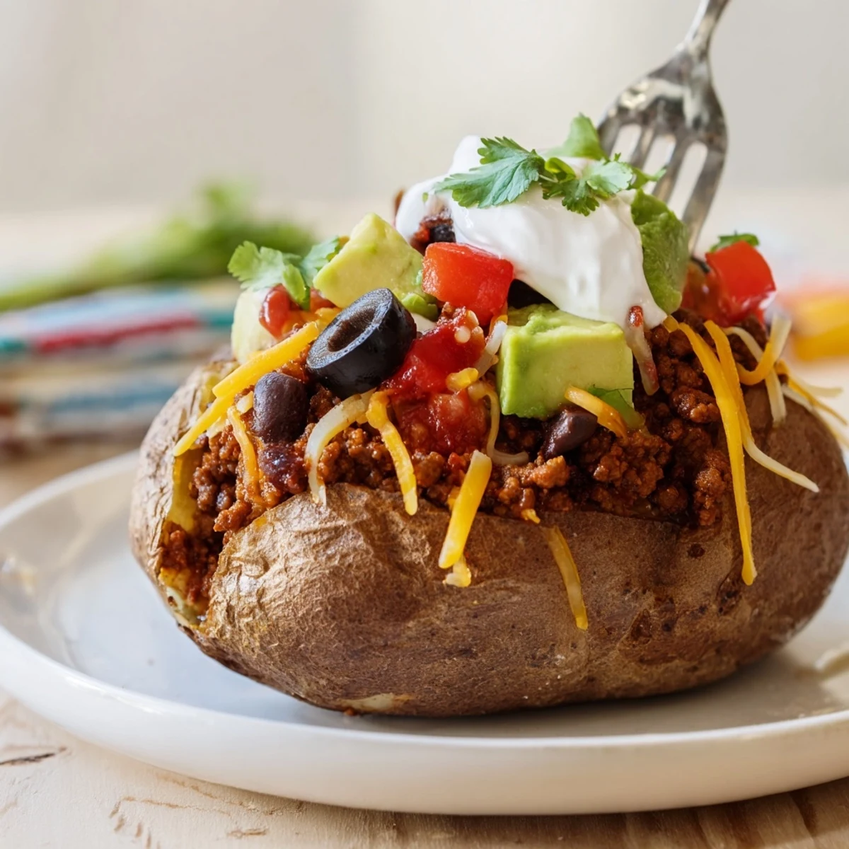 Taco Loaded Baked Potatoes overflowing with seasoned beef, melty cheese, creamy avocado.