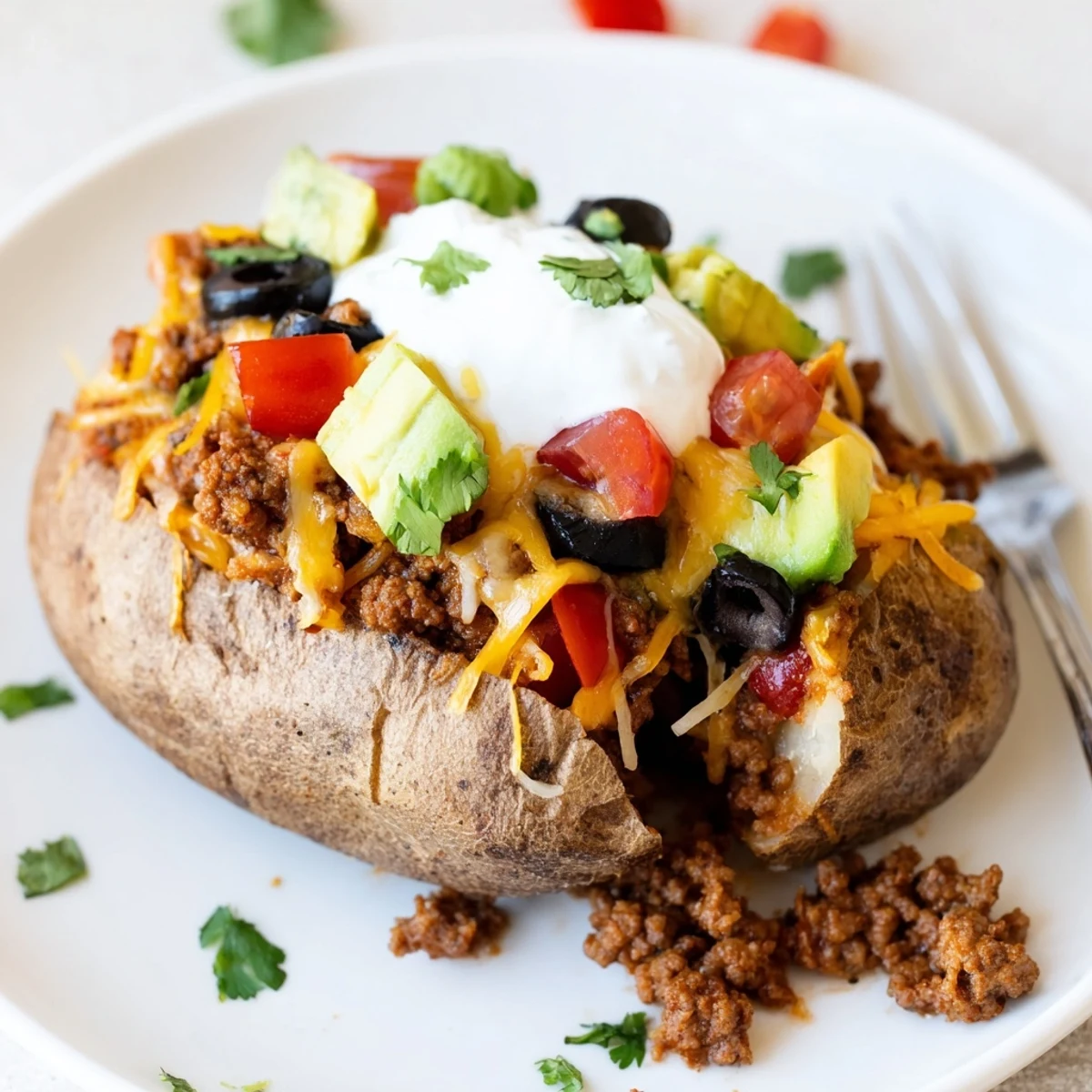 Oven-baked Taco Loaded Baked Potatoes split open, fluffy insides, zesty salsa drizzle.