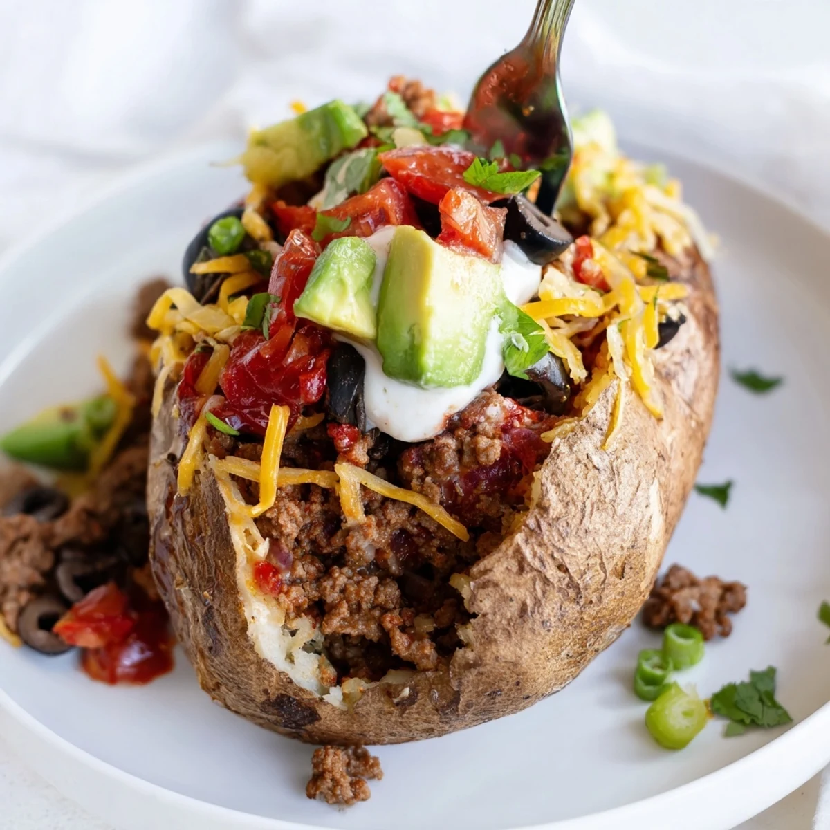 Crisp-skinned Taco Loaded Baked Potatoes topped with sour cream, pico, cilantro.