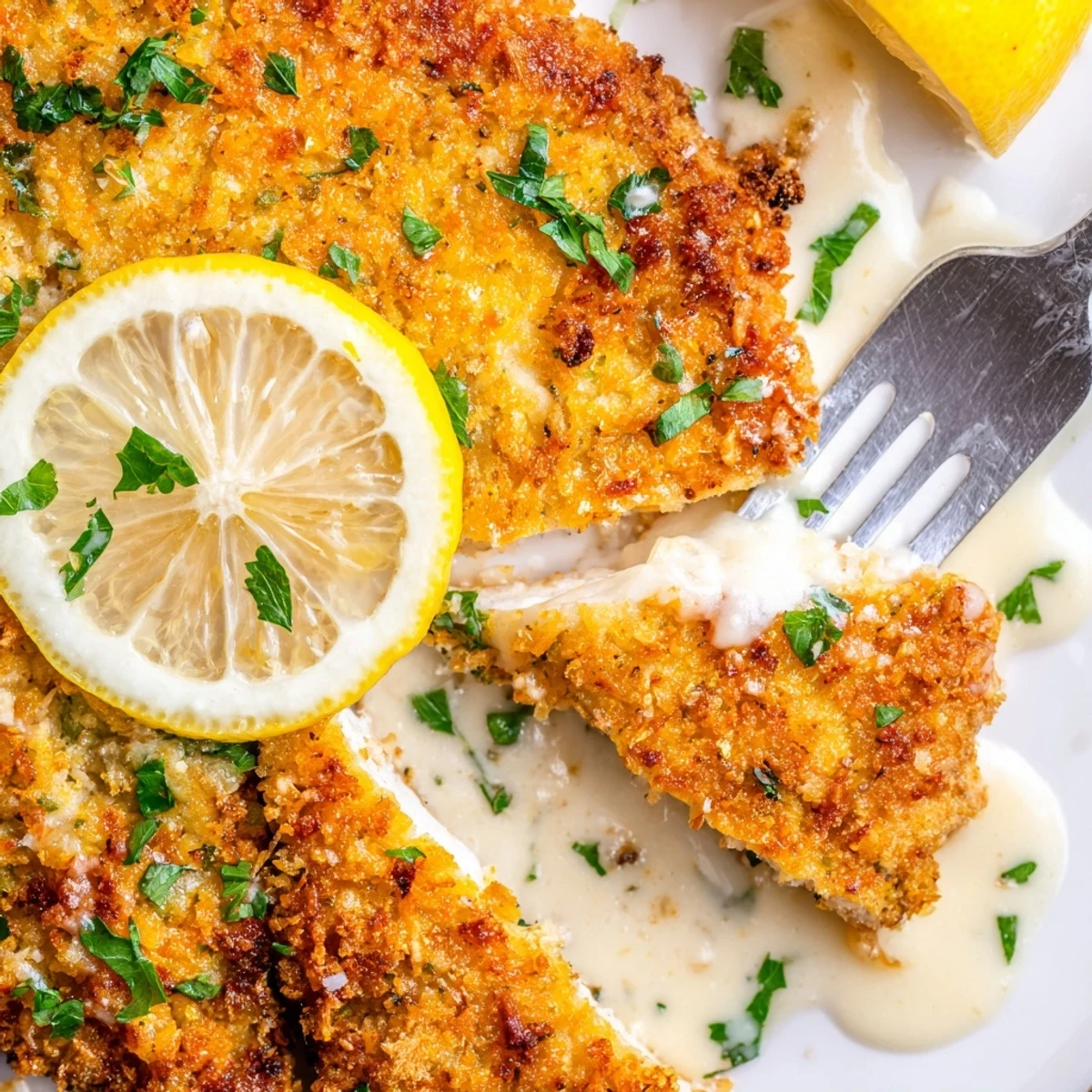 Lemon Pecorino Crusted Chicken With Creamy Lemon Sauce on plate, golden crust