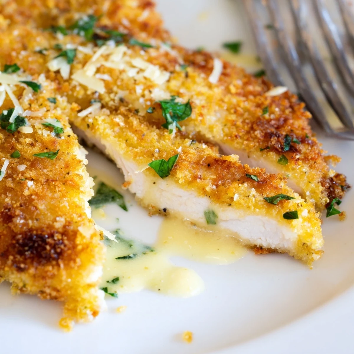 Sliced Lemon Pecorino Crusted Chicken With Creamy Lemon Sauce over steamed greens