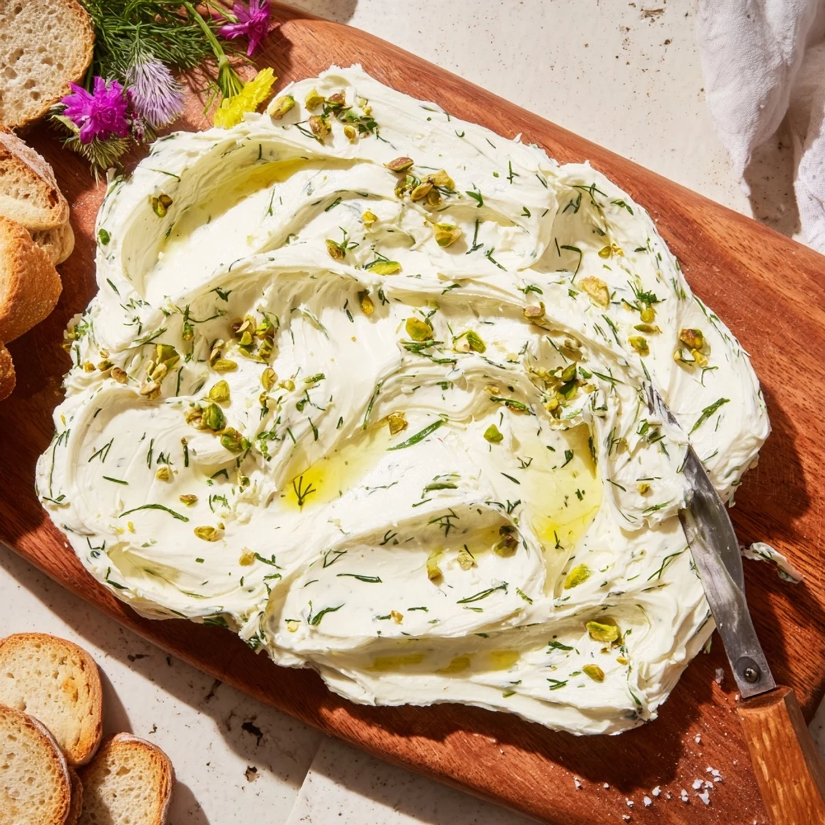 Rustic Creamy Herb Infused Butter Board swirled with olive oil, flaky salt  