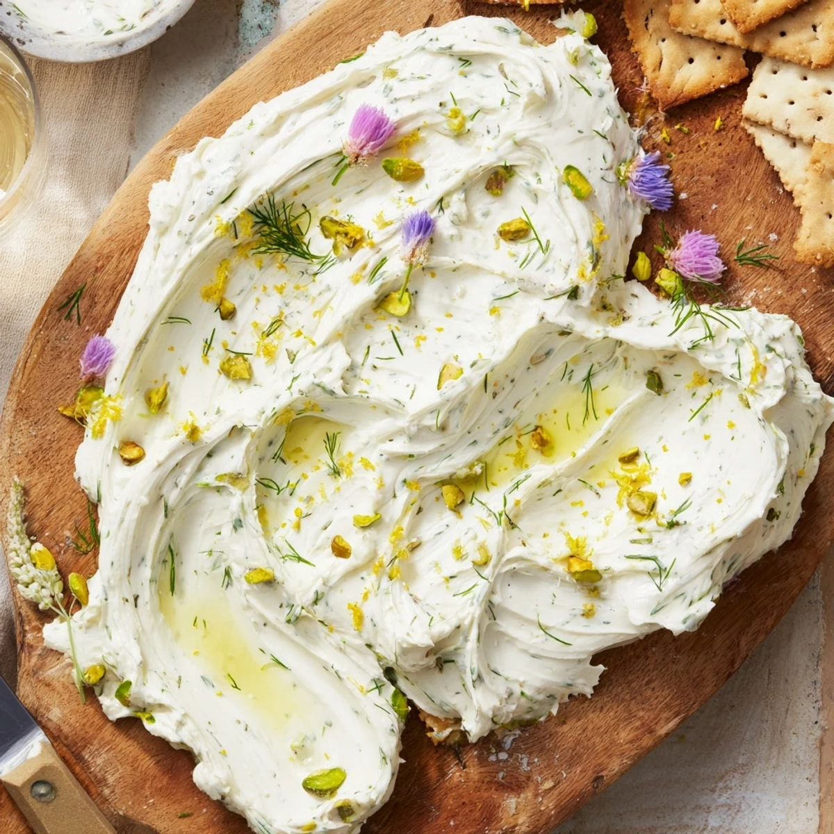 Close-up of Rustic Creamy Herb Infused Butter Board with nuts, edible flowers  