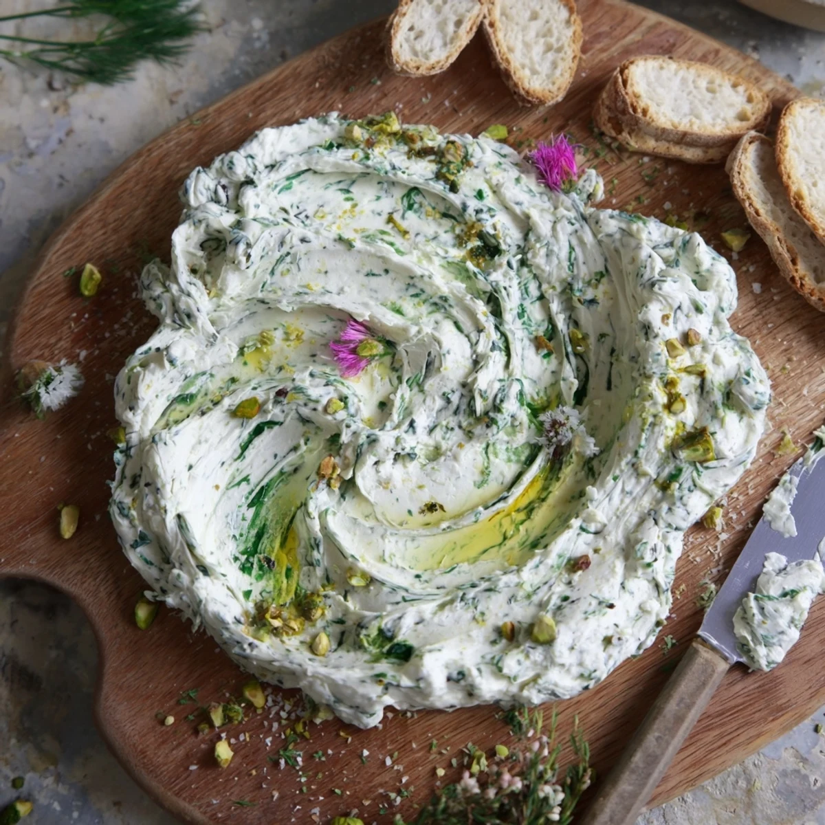 Guests spreading Rustic Creamy Herb Infused Butter Board on toasted rustic bread