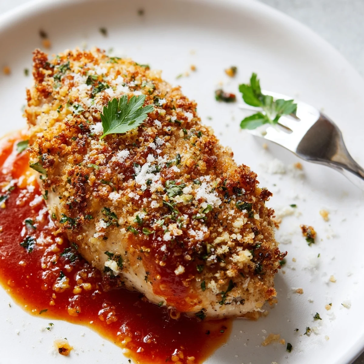 Juicy Parmesan Roasted Red Pepper Chicken garnished with parsley, steam rising