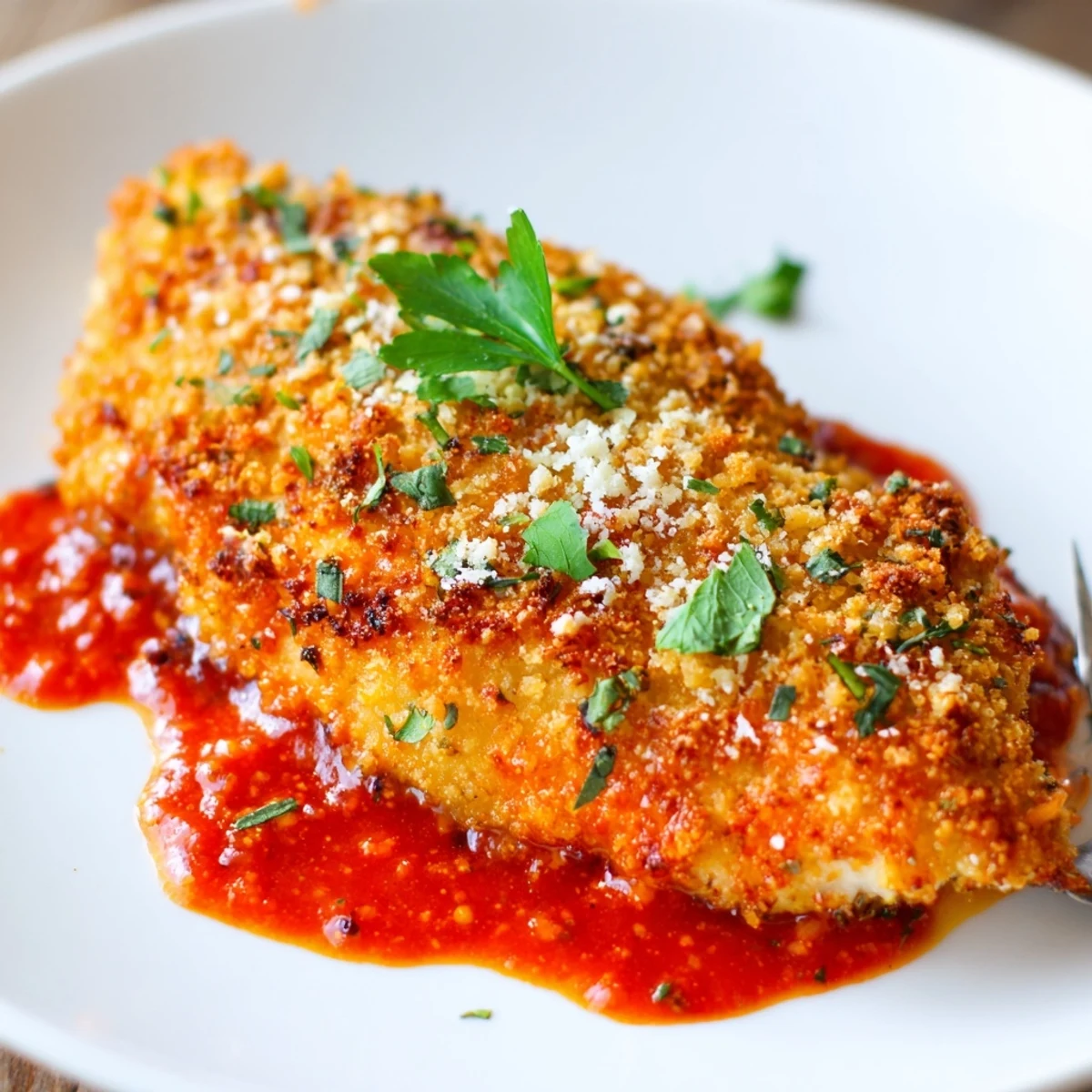 Oven-baked Parmesan Roasted Red Pepper Chicken served with roasted vegetables and lemon