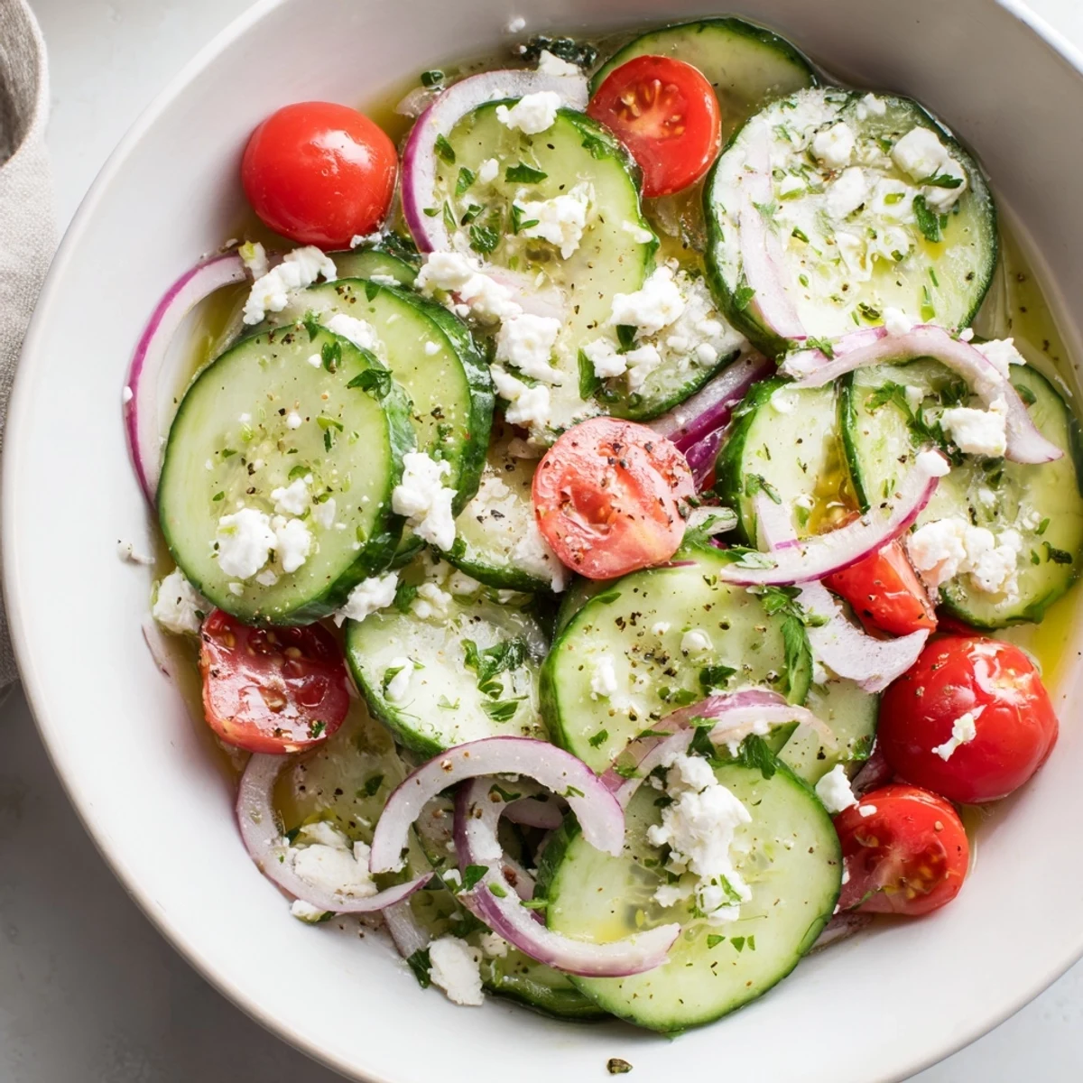 Cucumber Feta Salad With Lemon Greek Vinaigrette, crisp cucumber slices and tangy feta.