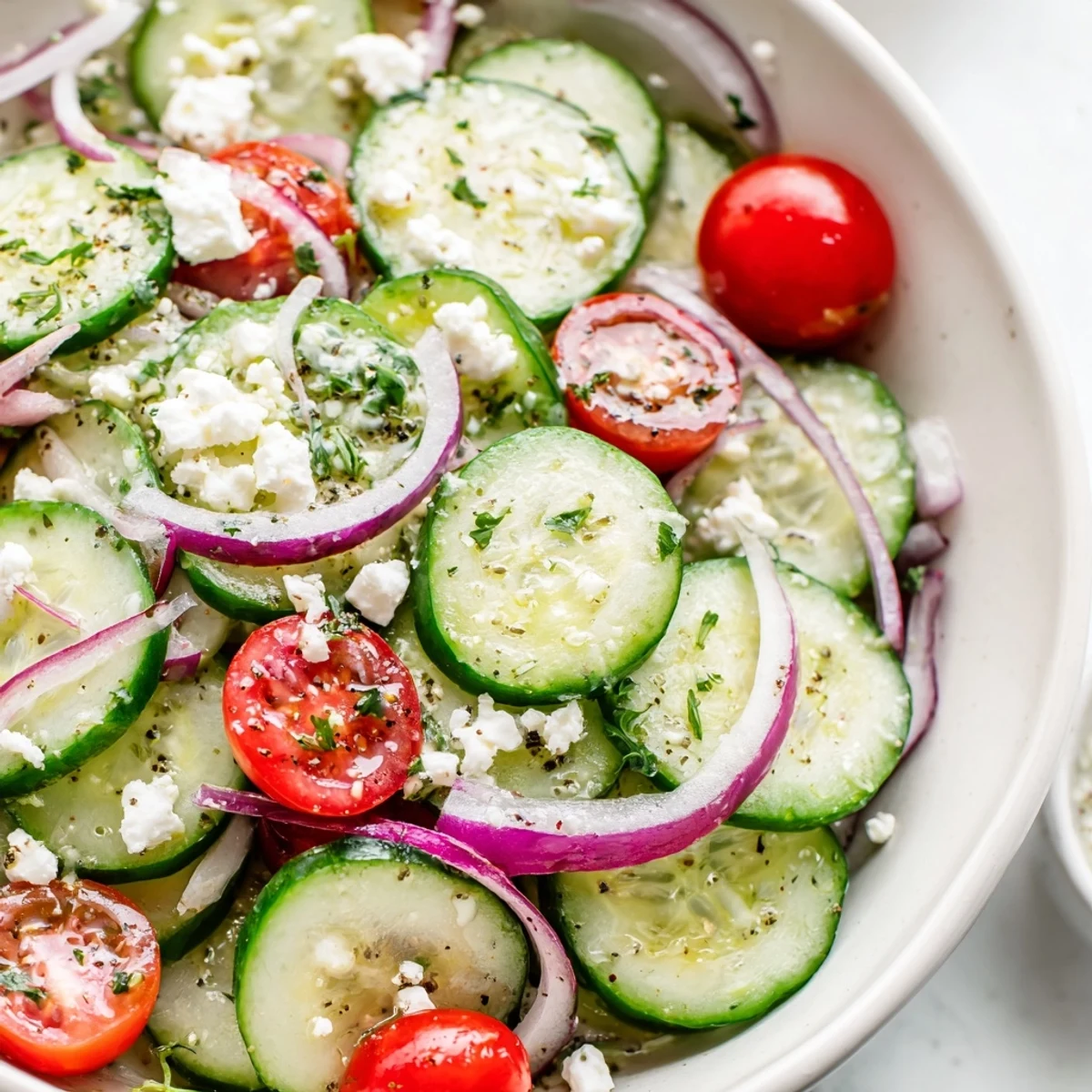 Bright Cucumber Feta Salad With Lemon Greek Vinaigrette tossed with fresh parsley, chilled.