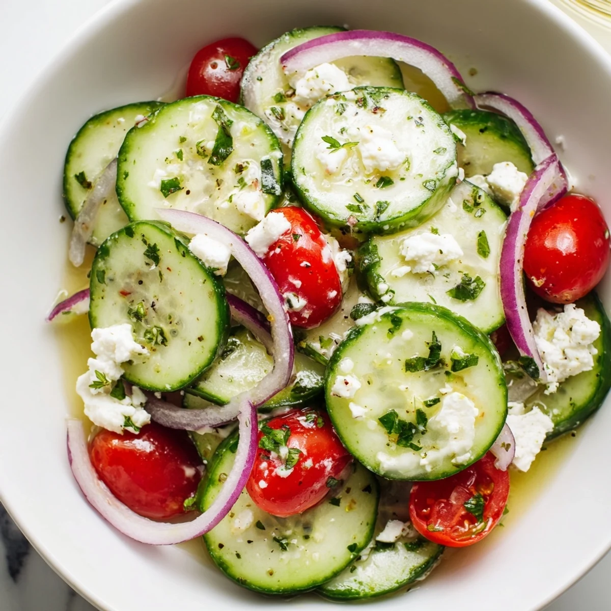Picnic-ready Cucumber Feta Salad With Lemon Greek Vinaigrette, juicy tomatoes and crunchy onions.