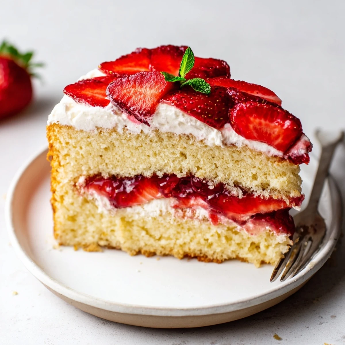 Strawberries And Cream Sponge Cake layered with fluffy whipped cream and glossy strawberries