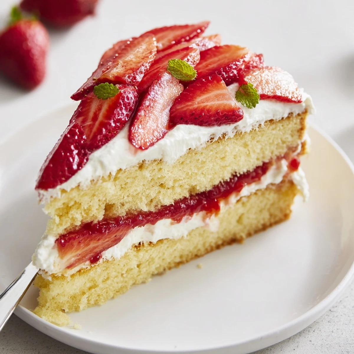 Chilled Strawberries And Cream Sponge Cake showing airy sponge, juicy berries, powdered sugar