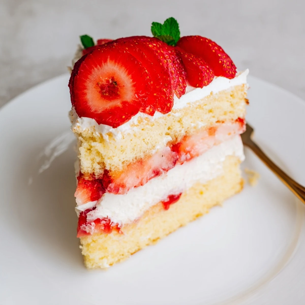 Slice of Strawberries And Cream Sponge Cake on a plate, mint garnish