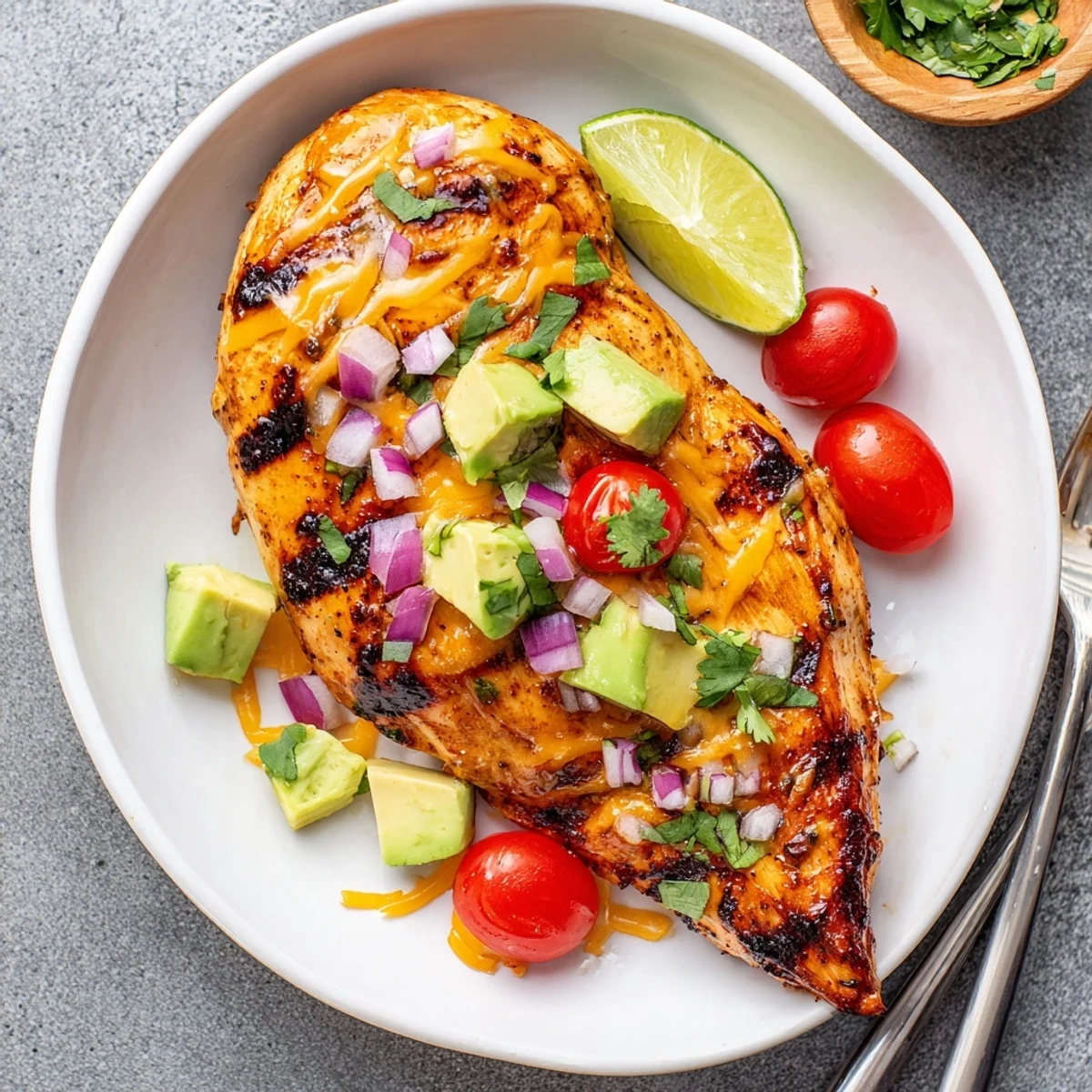 Grilled Fiesta Lime Chicken With Avocado topped with bright cilantro, lime wedge