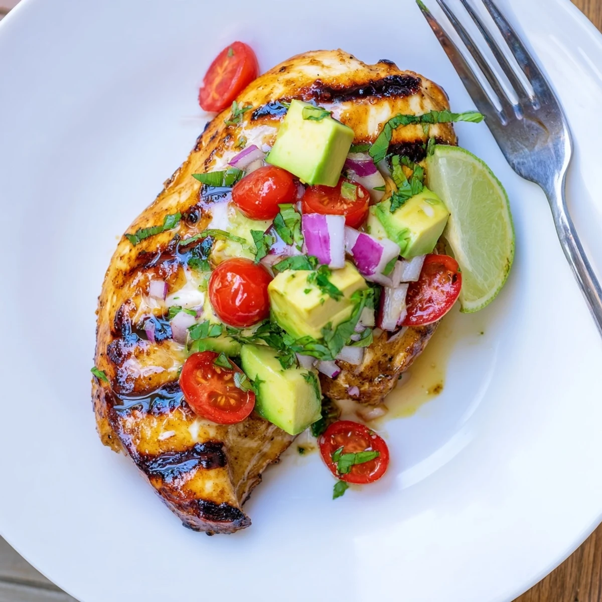 Charred, zesty Fiesta Lime Chicken With Avocado served over fluffy cilantro-lime rice