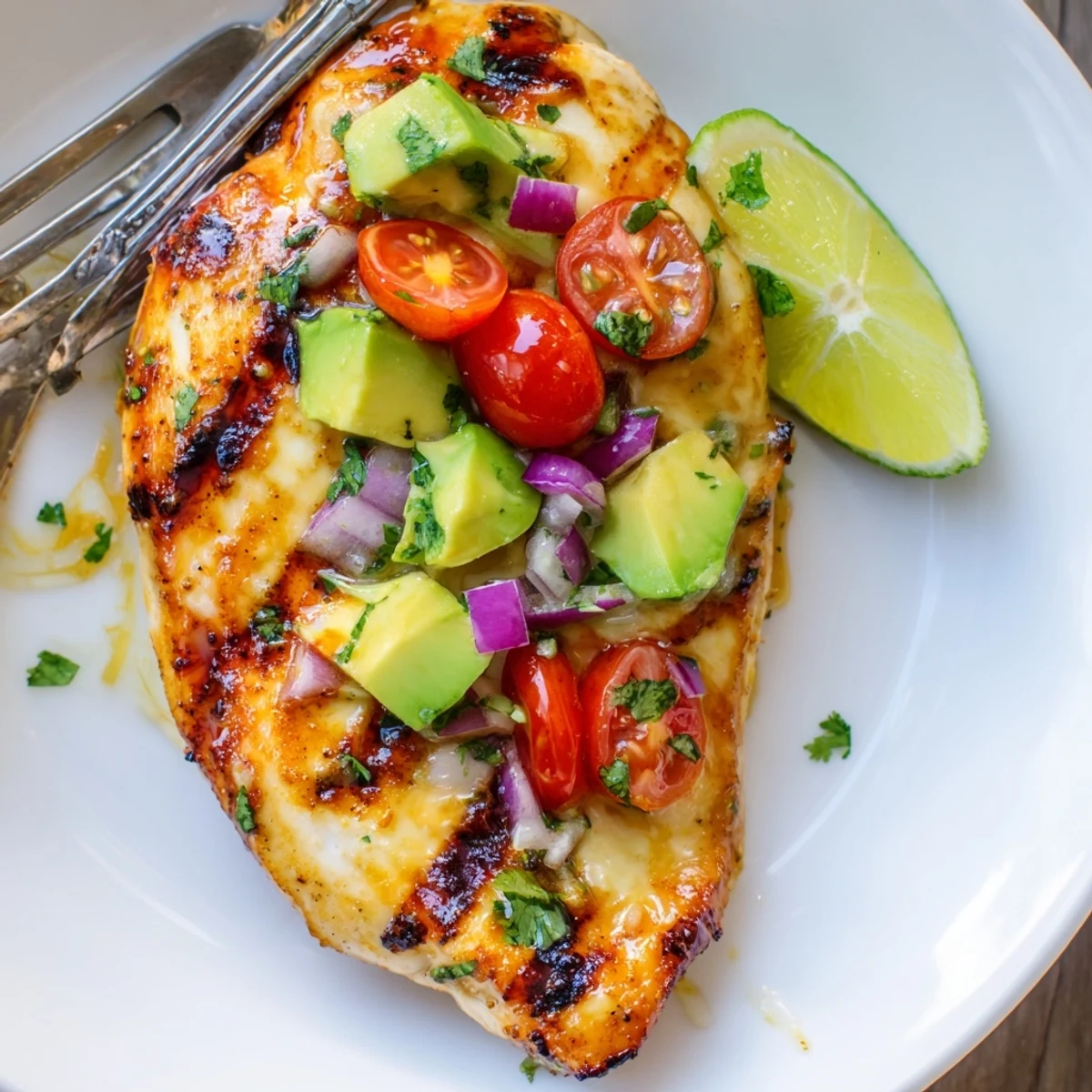 Juicy, spice-rubbed Fiesta Lime Chicken With Avocado plated with tomato-onion salsa