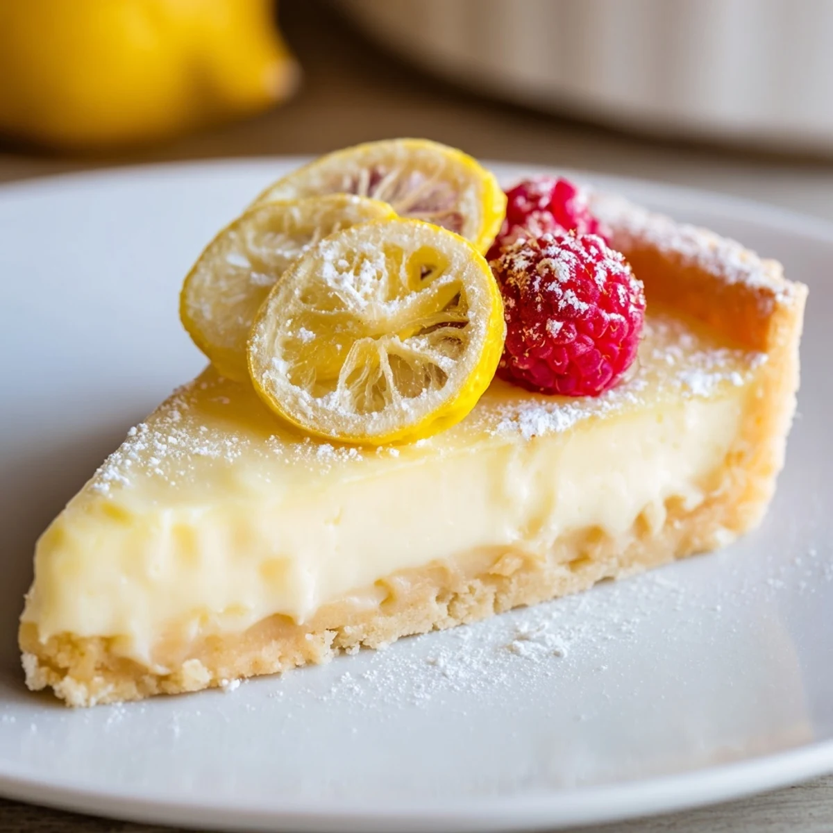 Slice of Creamy Lemon Tart Recipe plated with berries, bright citrus aroma