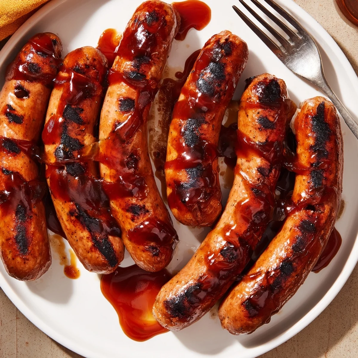 Grilled, caramelized BBQ Sausage Recipe on a plate with tangy sauce