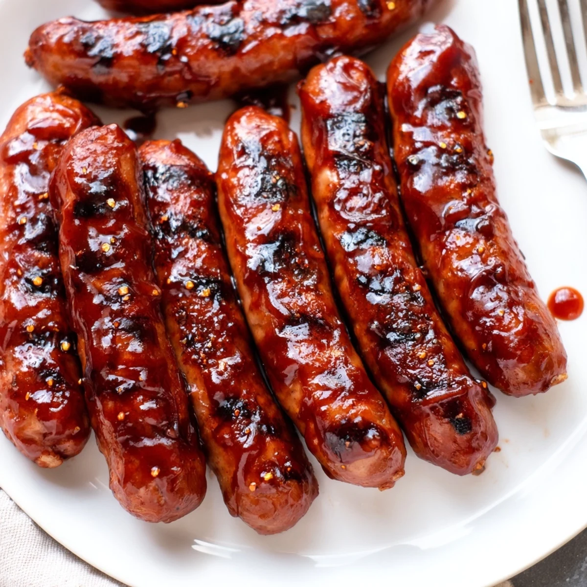 Sliced BBQ Sausage Recipe glazed with sticky barbecue sauce paired with pickles