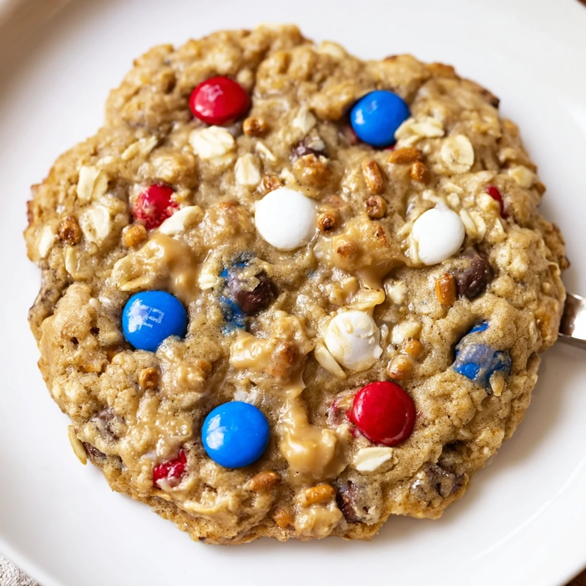 Warm Patriotic Monster Cookies Recipe cooling on rack, chewy centers, colorful candies