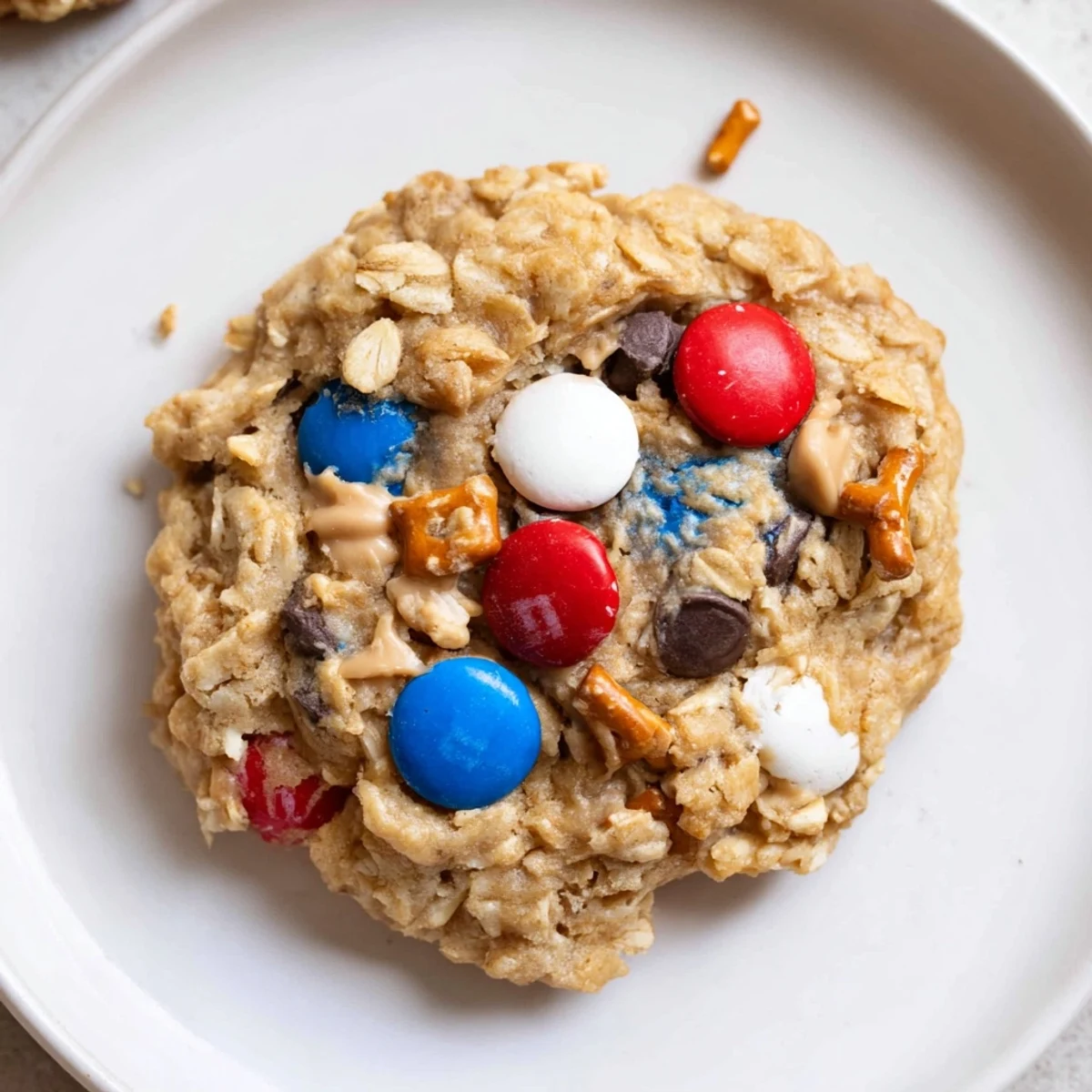 Patriotic Monster Cookies Recipe stacked on a plate, peanut butter aroma, crunchy edges