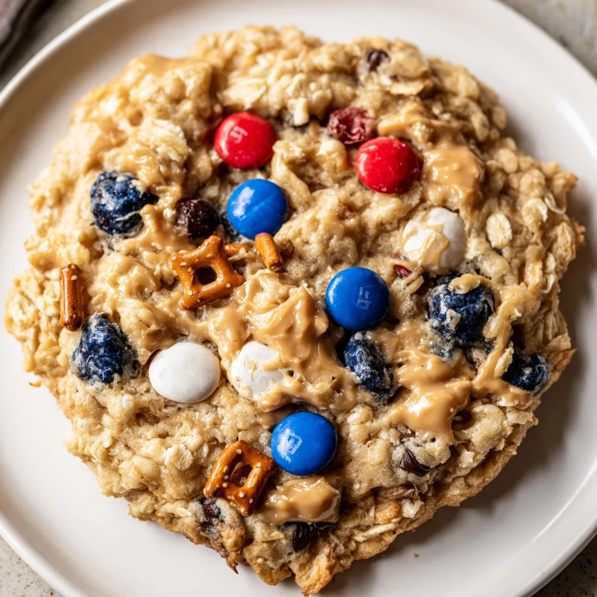 Plateful of Patriotic Monster Cookies Recipe beside milk, oatmeal texture and melty chips