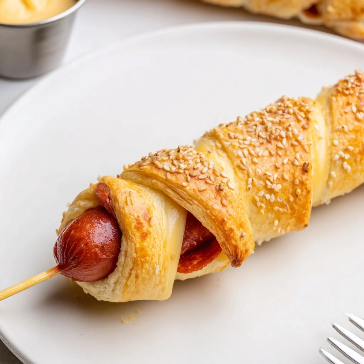 Firecracker Hot Dogs wrapped in golden crescent dough, brushed with butter, steaming.