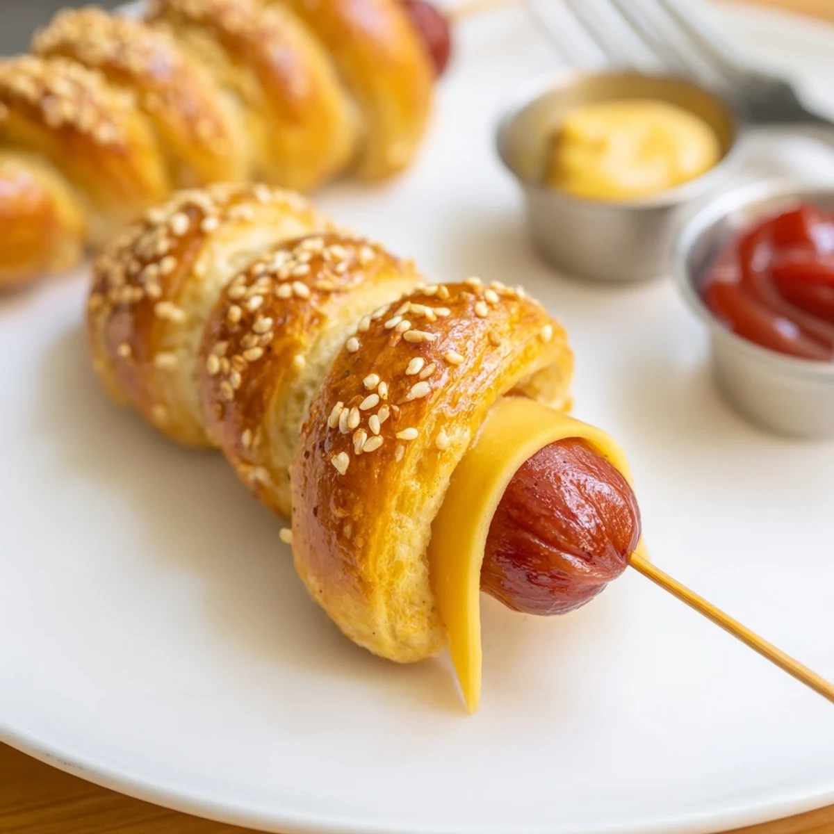 Skewered Firecracker Hot Dogs resting on parchment, speckled with sesame, ready to serve.