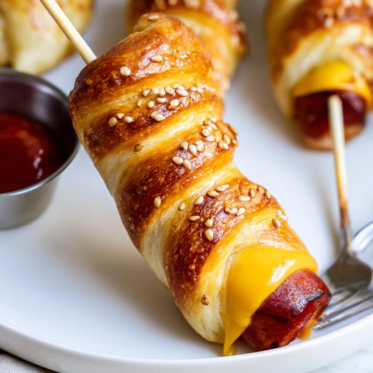 Warm Firecracker Hot Dogs sliced open to show melty cheddar, perfect party snack.