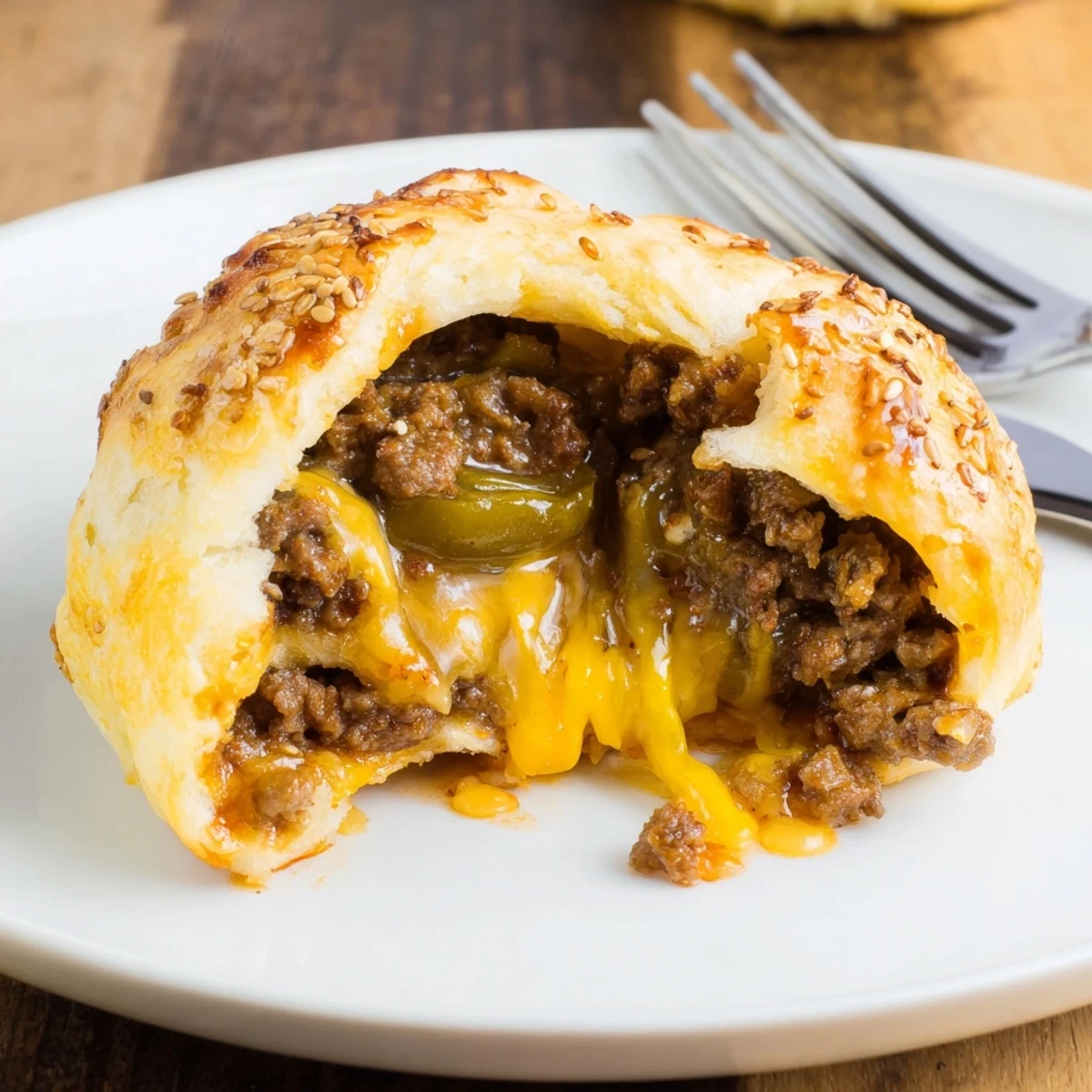 Golden Cheesy Cheeseburger Bombs Explosion Recipe oozing melted cheddar, served with ketchup dip