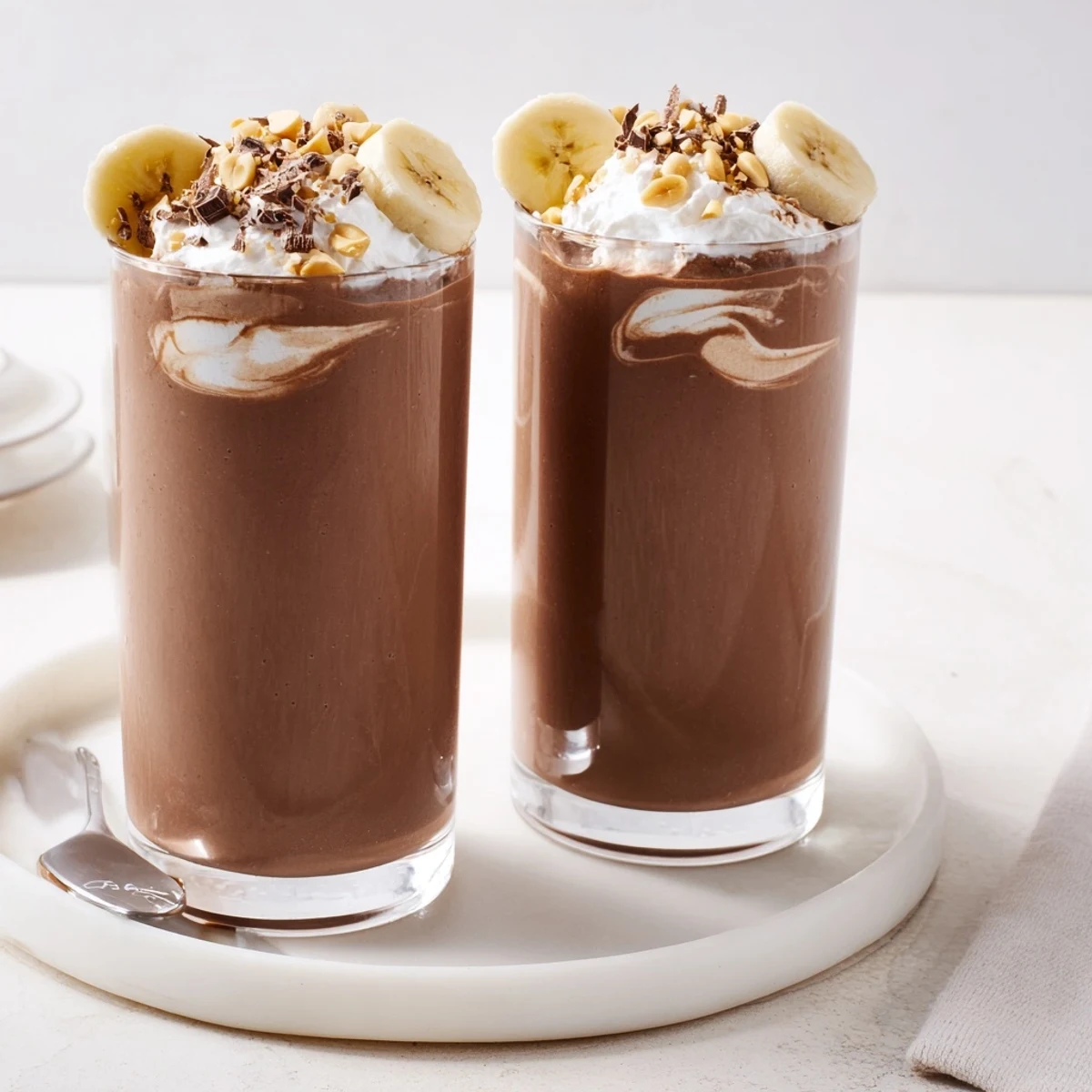 Chocolate Peanut Butter Smoothie in tall glass, creamy texture with chocolate shavings