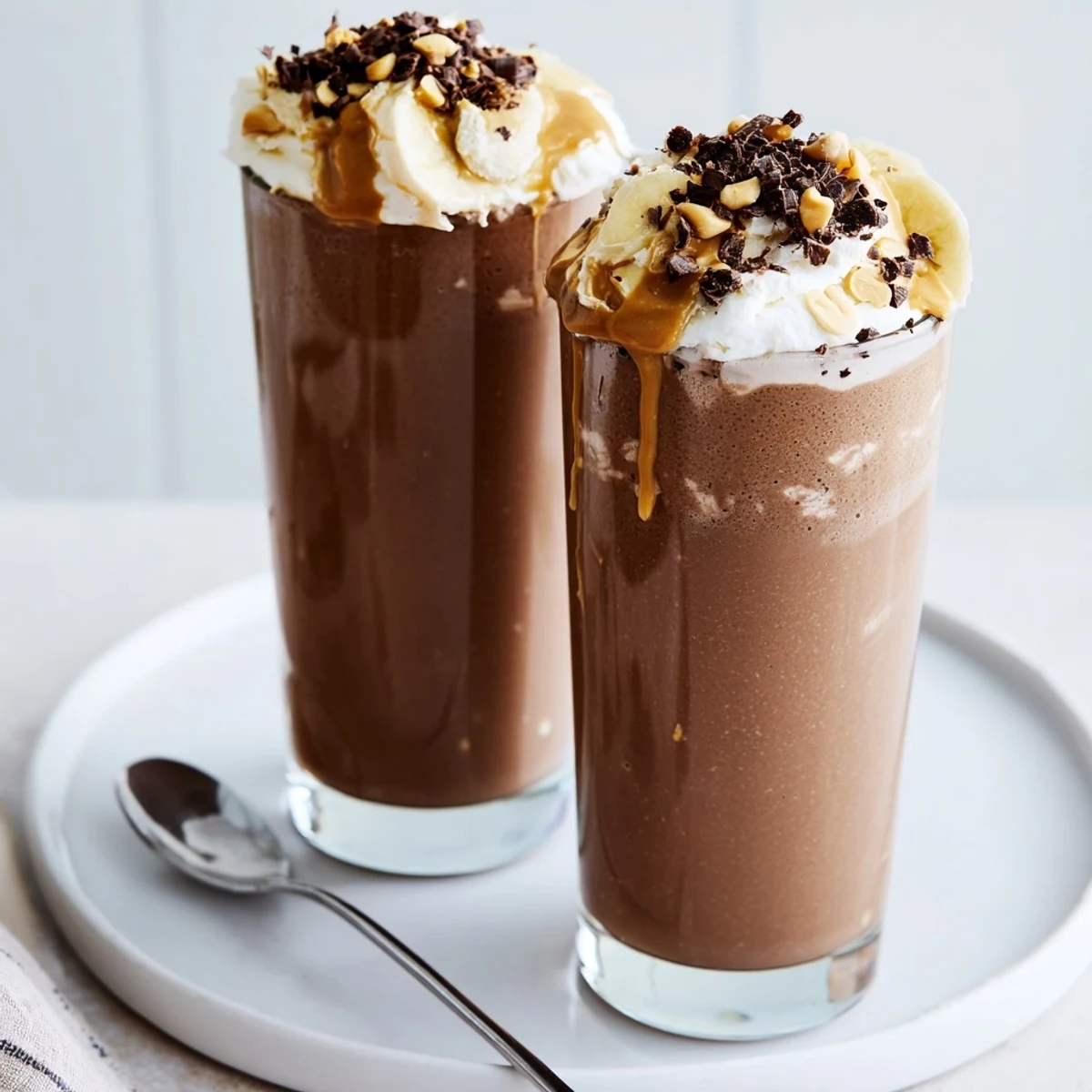 Velvety Chocolate Peanut Butter Smoothie topped with whipped cream and crushed peanuts