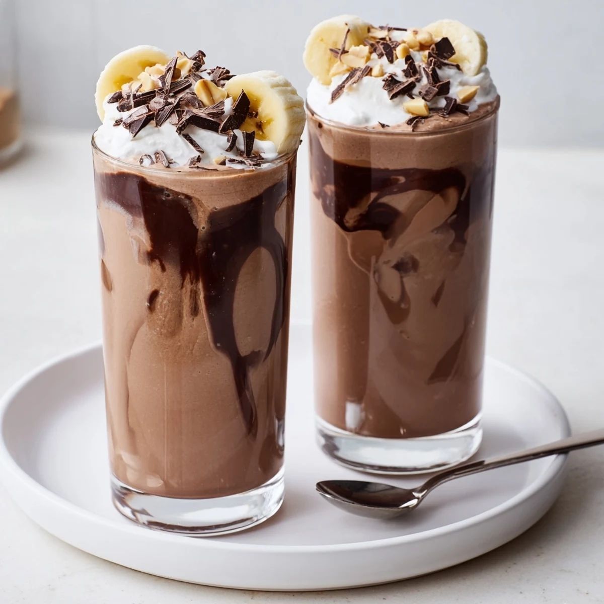 Chocolate Peanut Butter Smoothie poured into two glasses, banana sweetness and froth
