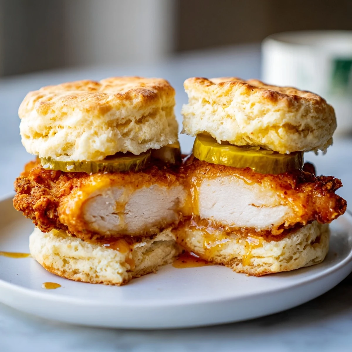Hot Honey Chicken Biscuits: flaky buttermilk biscuits, crispy chicken, sticky sweet heat.