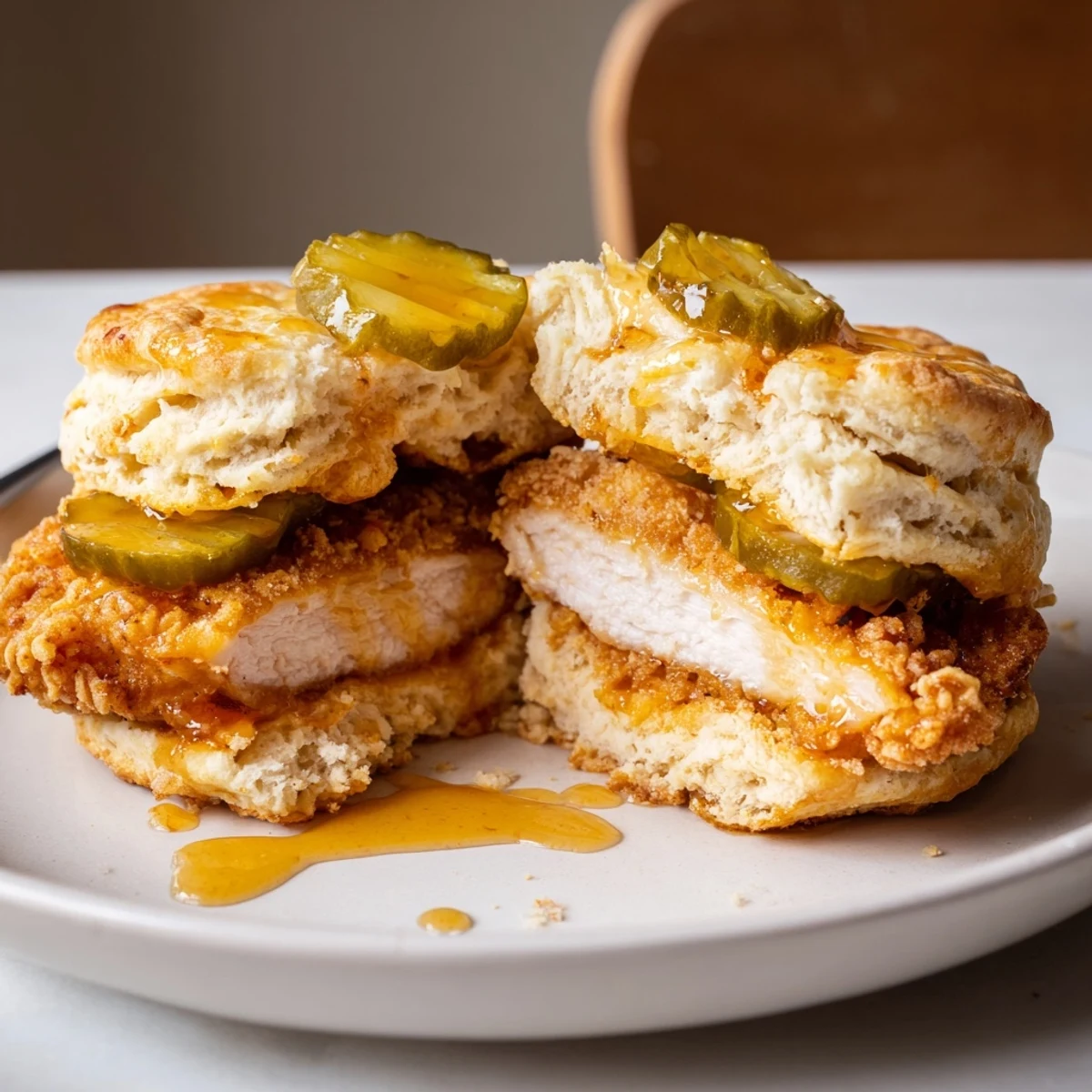 Buttermilk Hot Honey Chicken Biscuits served warm on plate, honey glistening.