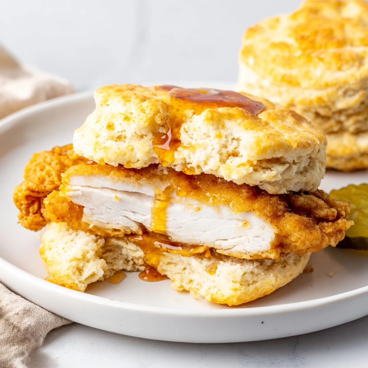 Crispy Hot Honey Chicken Biscuits stacked with pickles, melted butter, spicy honey.