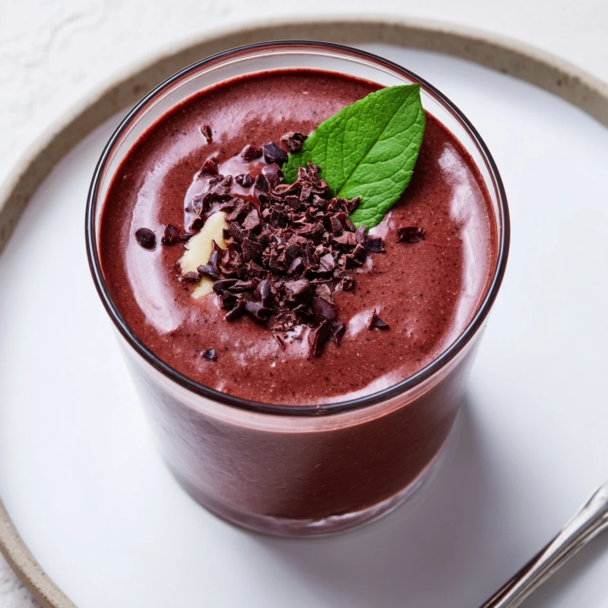 Chocolate Beet Smoothie in glass, velvety texture with cacao nibs