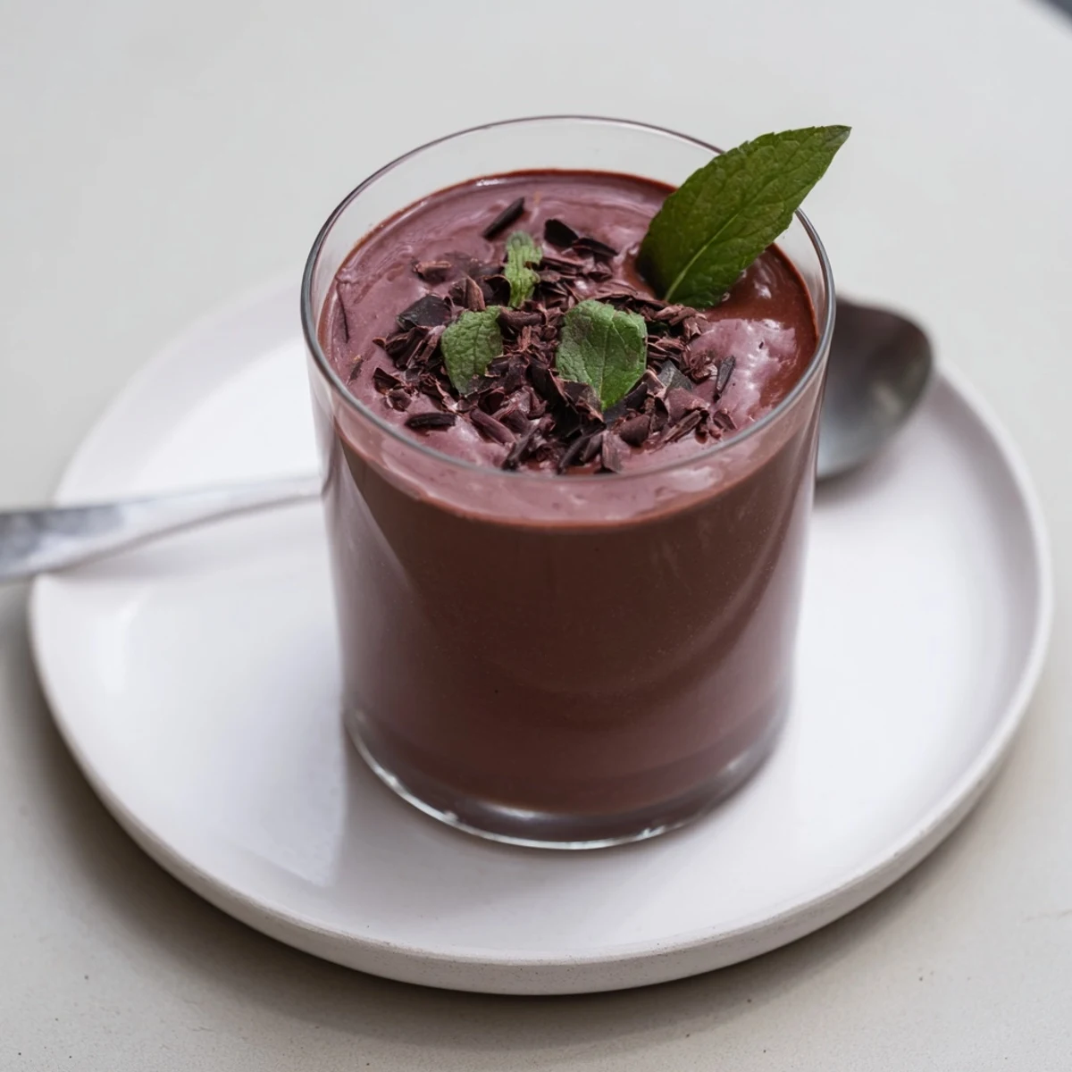 Two servings of Chocolate Beet Smoothie garnished with mint, chilled