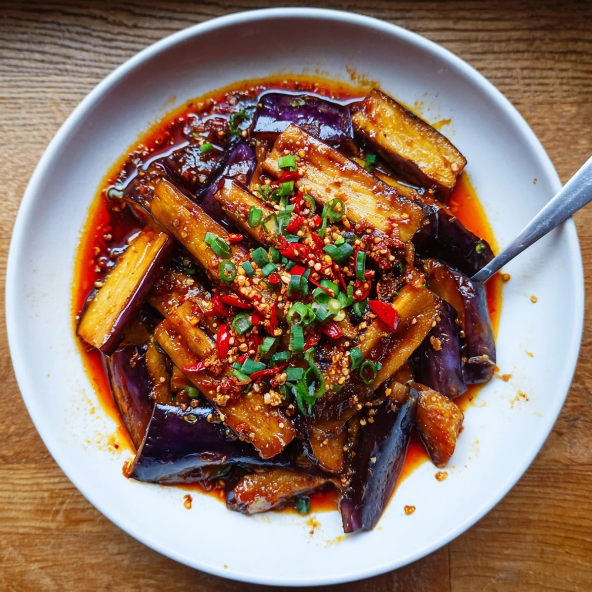 Sichuan Style Braised Aubergines simmered until tender, served over steamed jasmine rice