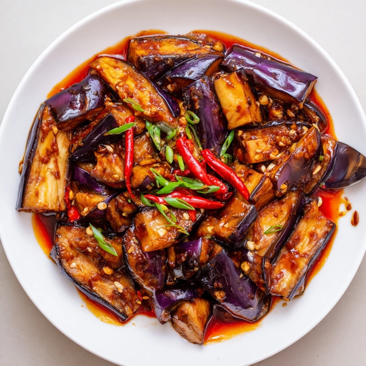 Sichuan Style Braised Aubergines in a glossy, aromatic chili-garlic sauce, sesame drizzle