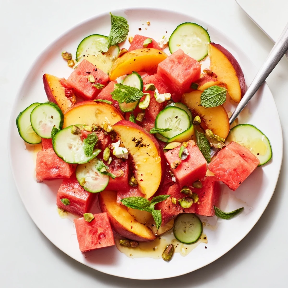 Summer Peach Watermelon Salad piled on platter with mint, feta, honey lime drizzle