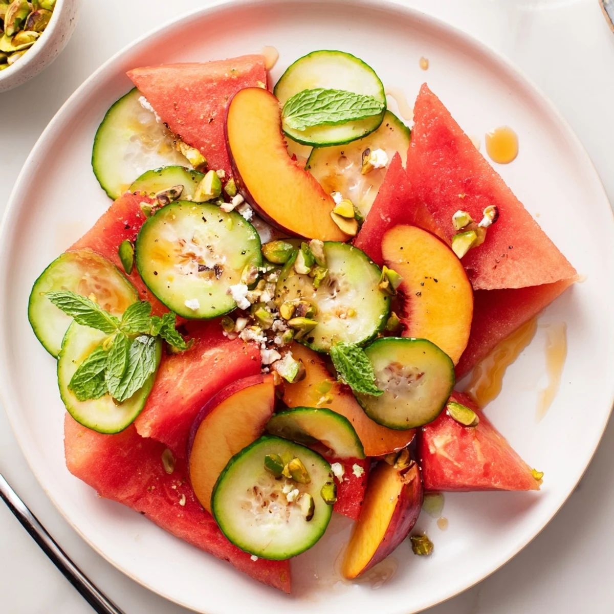 Bright Summer Peach Watermelon Salad with crisp cucumber, pistachios, and lime