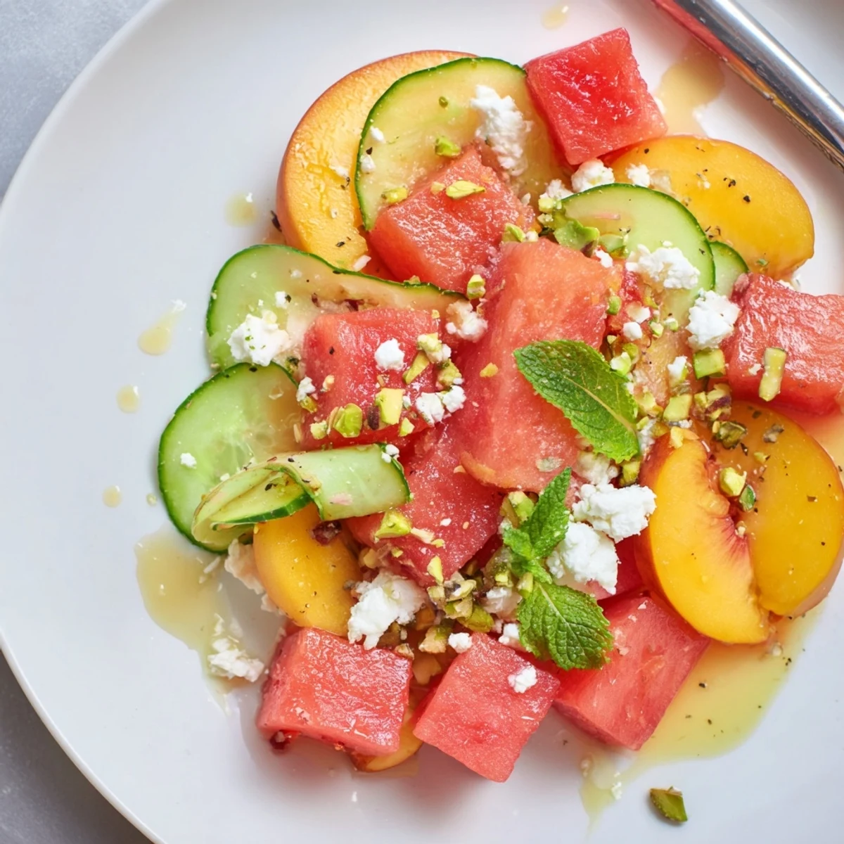 Chilled Summer Peach Watermelon Salad served immediately for refreshing backyard summer side