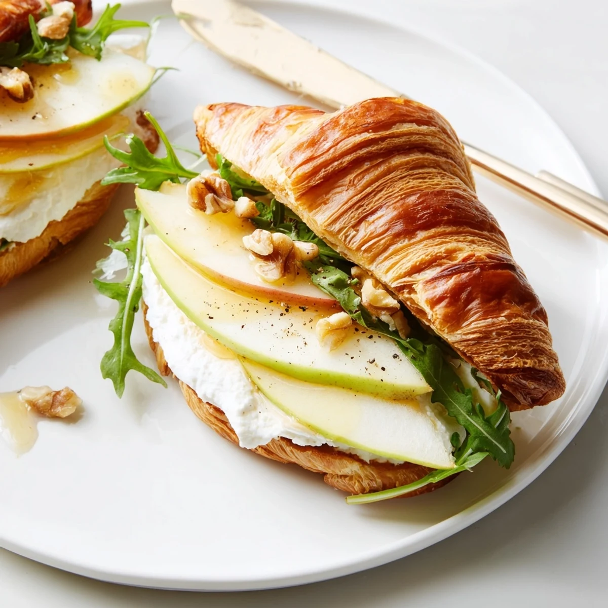 Apple Goat Cheese Croissant Sandwich with creamy spread, crisp apple slices, peppery arugula