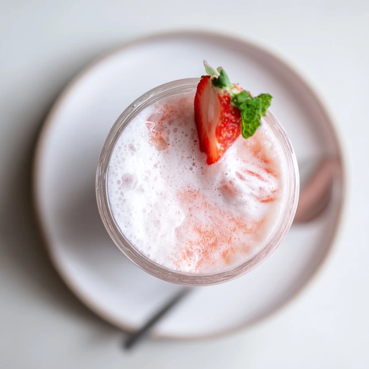 Frothy Strawberry Coconut Cooler Recipe topped with mint and sliced strawberries  