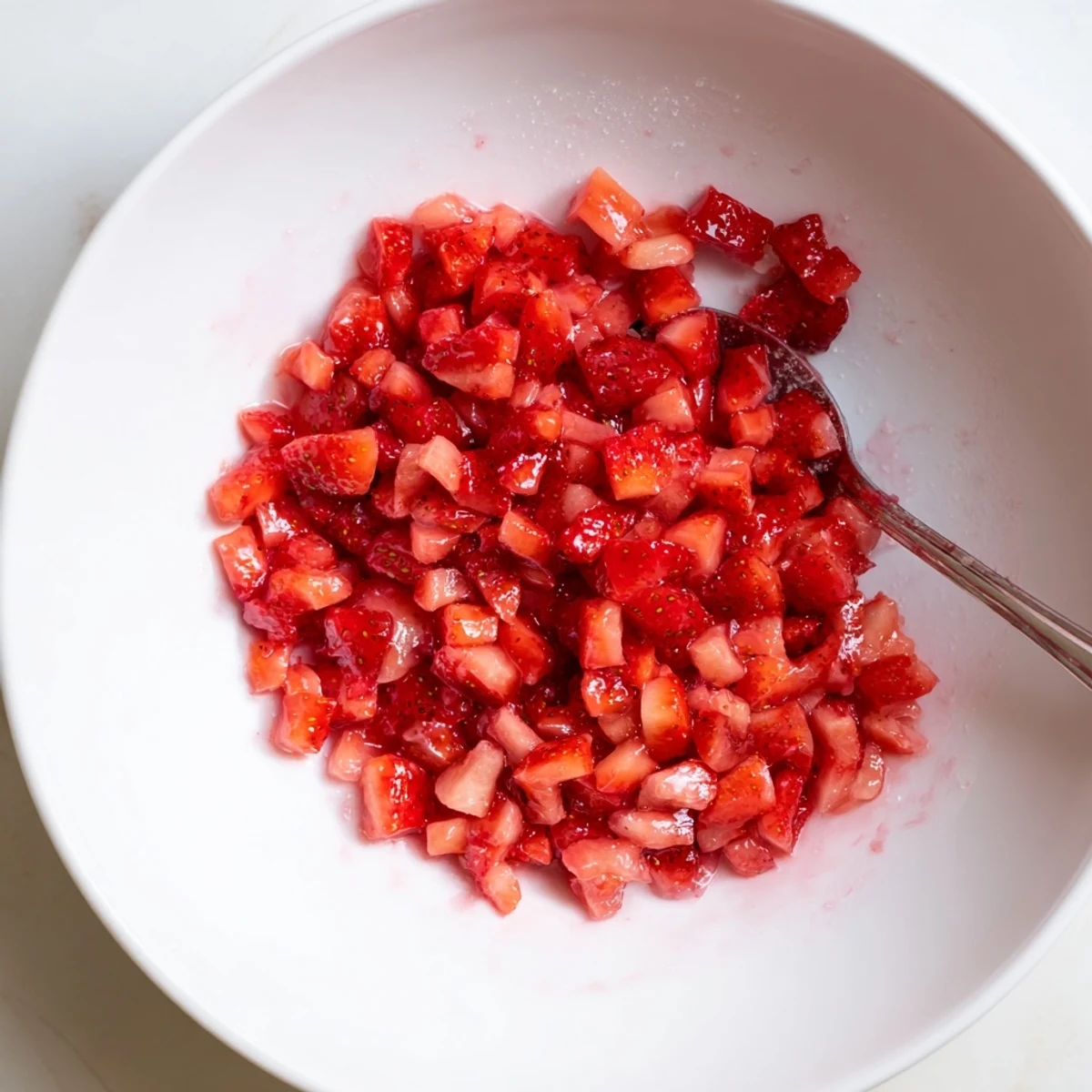 Strawberry Cake Filling Recipe: glossy red filling cooling, spoon beside cake  