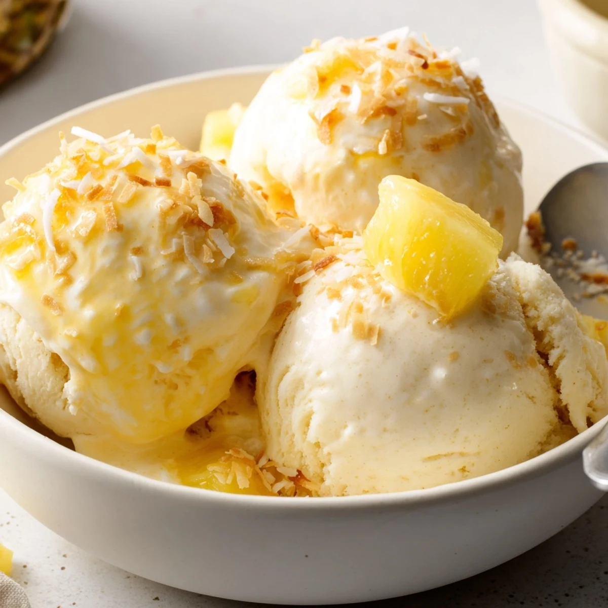 Sunshine-yellow scoops of Creamy Pineapple Ice Cream Recipe, velvety and lightly tangy