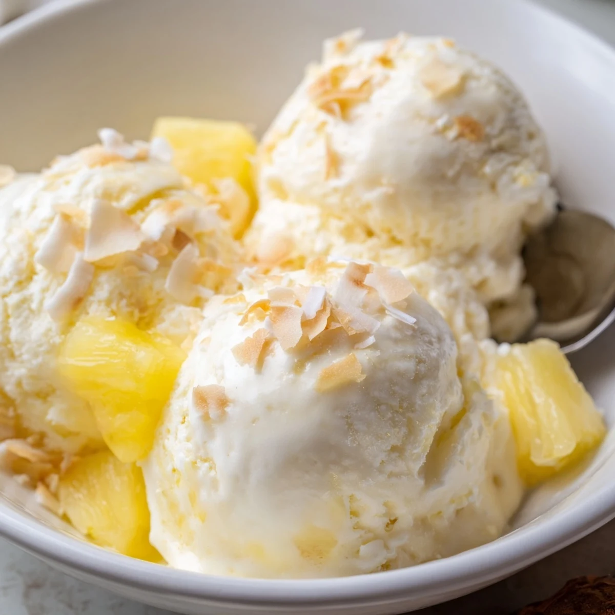 Serve Creamy Pineapple Ice Cream Recipe in bowls with toasted coconut garnish