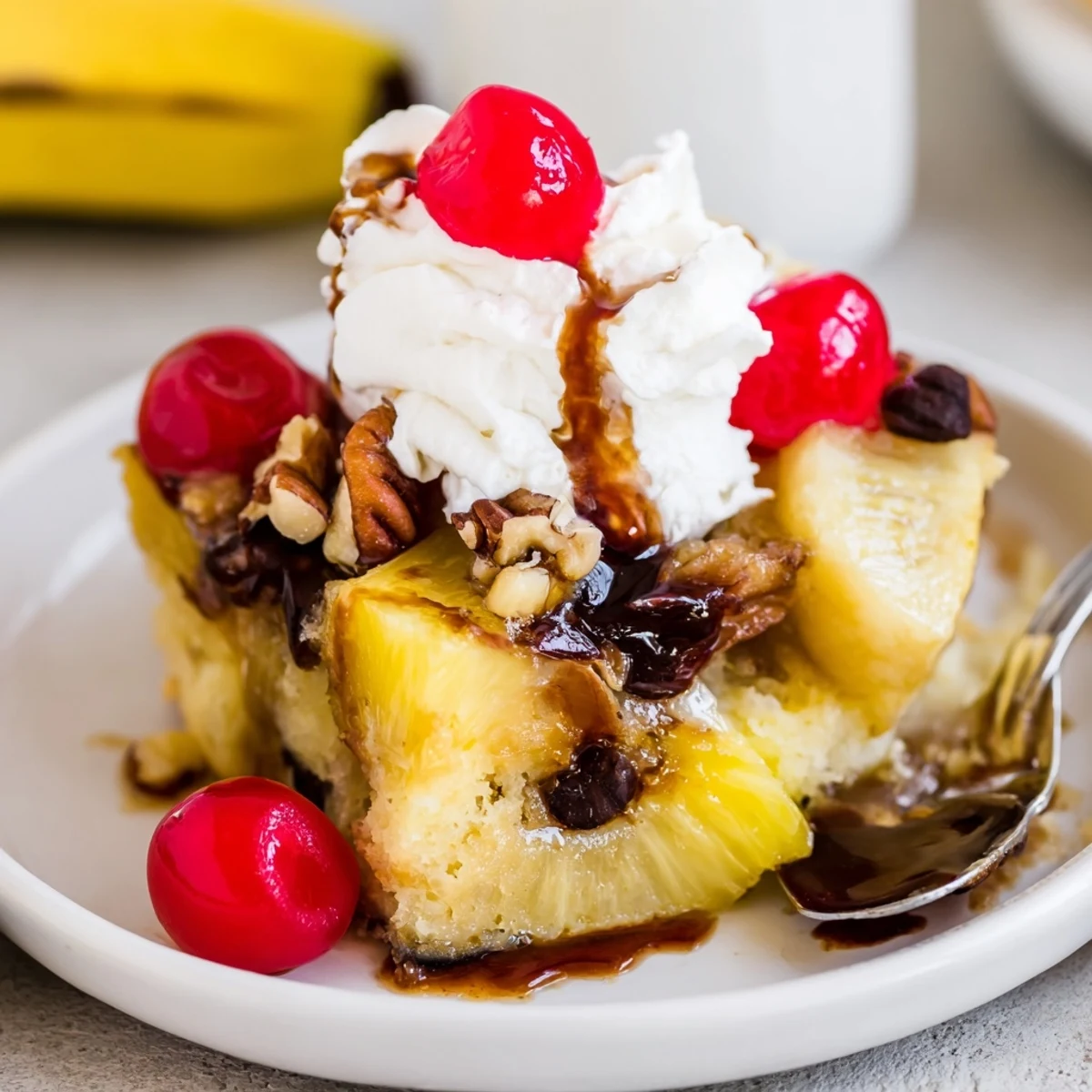 Warm Banana Split Dump Cake bubbling in a dish, topped with whipped cream.
