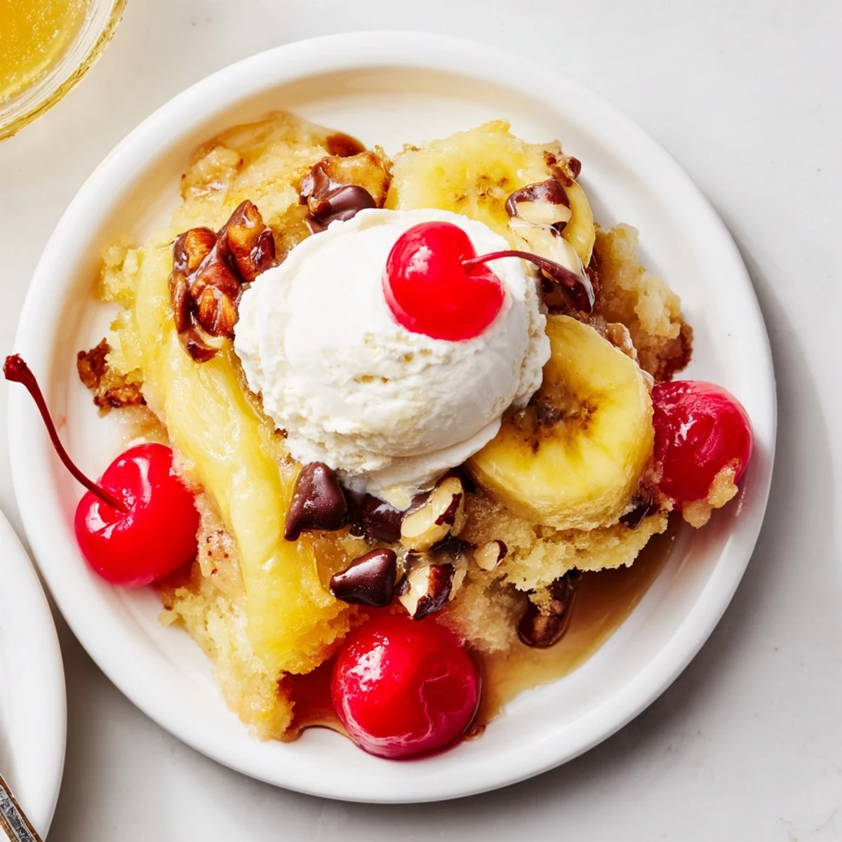 Close-up of gooey layers in Banana Split Dump Cake, garnished with cherries.