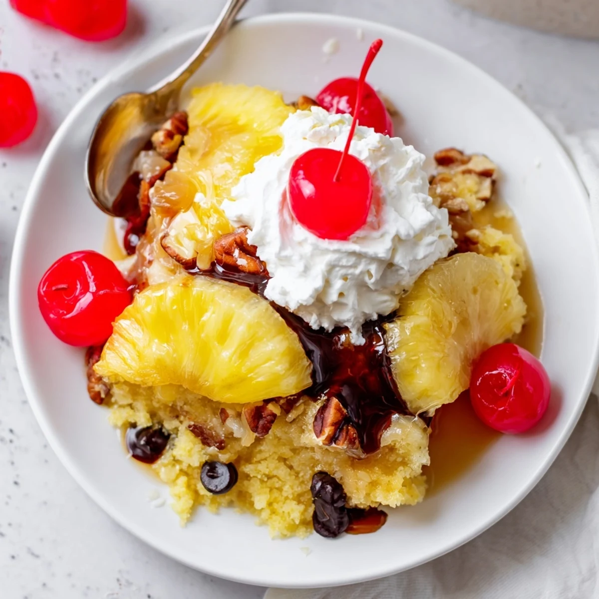 Sliced bananas and cherries peeking from a golden Banana Split Dump Cake.
